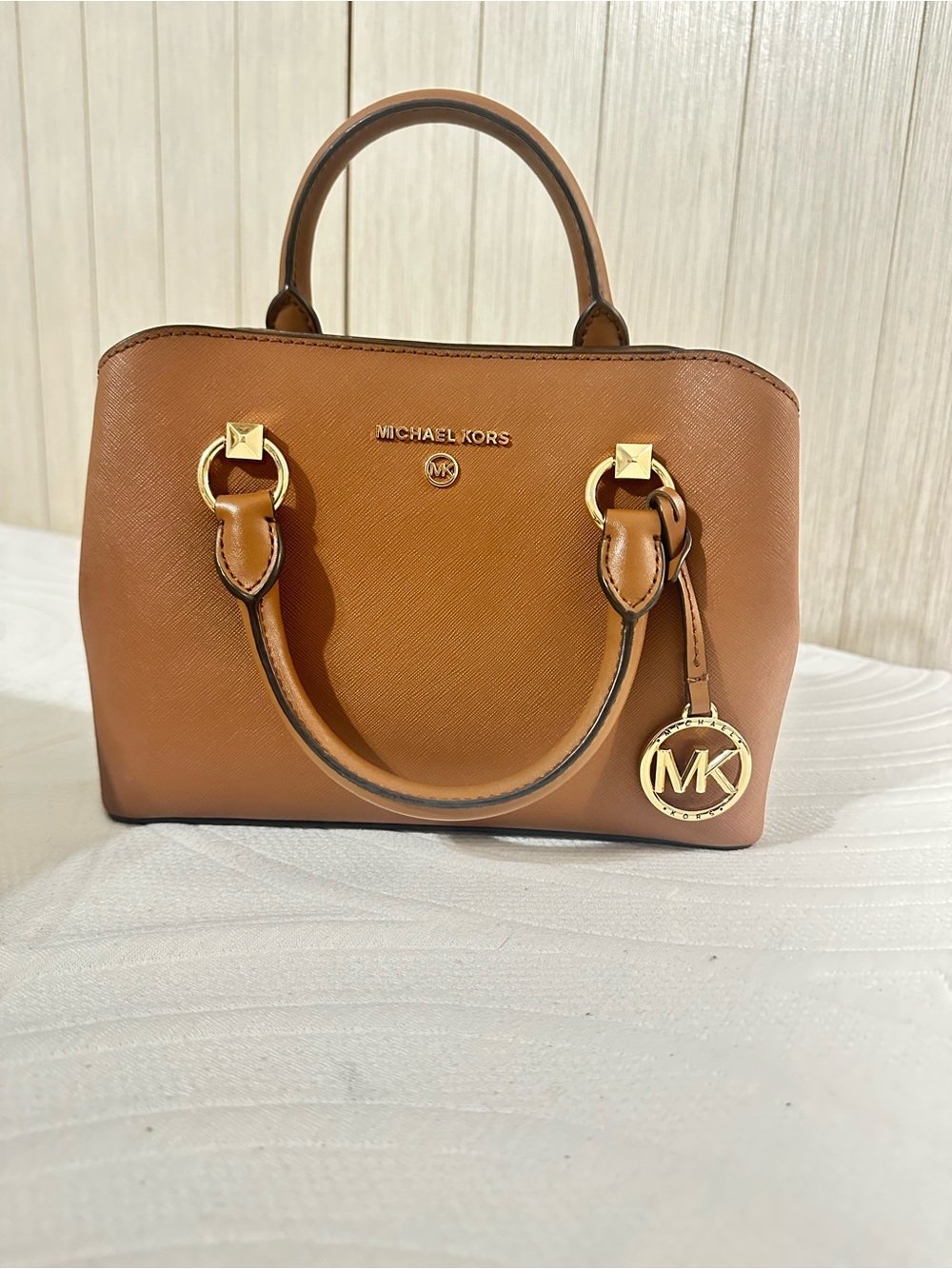 Michael Kors Brown Saffiano Leather Satchel with Gold Hardware